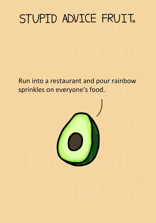 unethical stupid advice fruit card avocado pour sprinkles on people's meals at restaurant prank