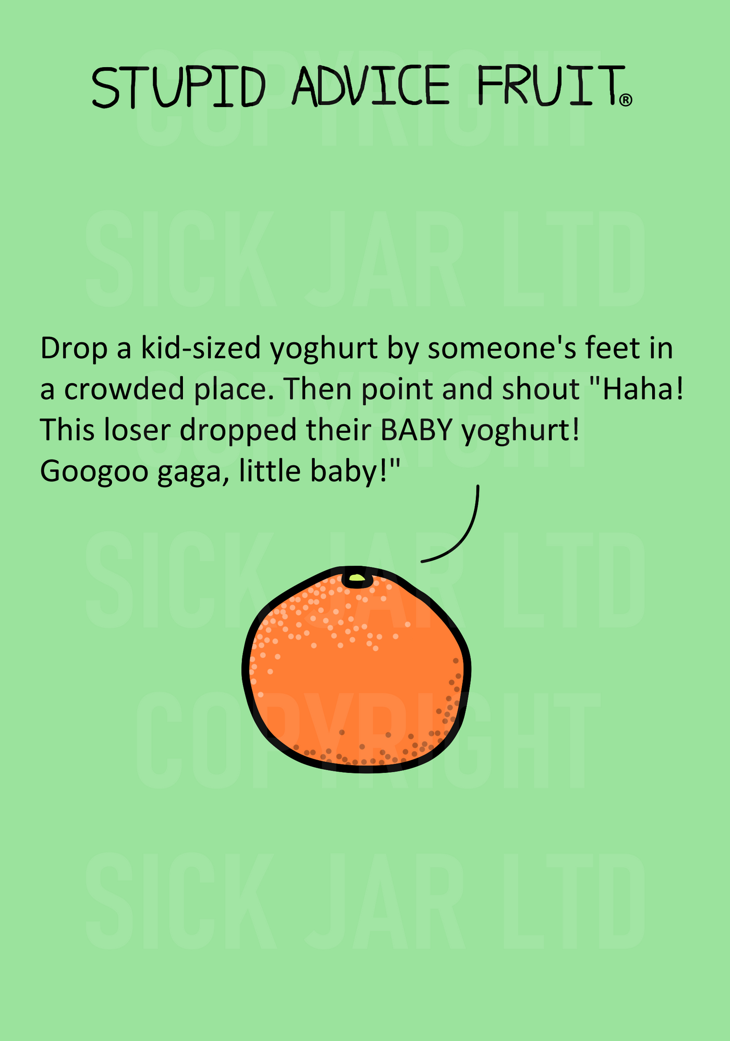 unethical stupid advice fruit card orange drop kid sized yoghurt point and laugh at baby yoghurt prank